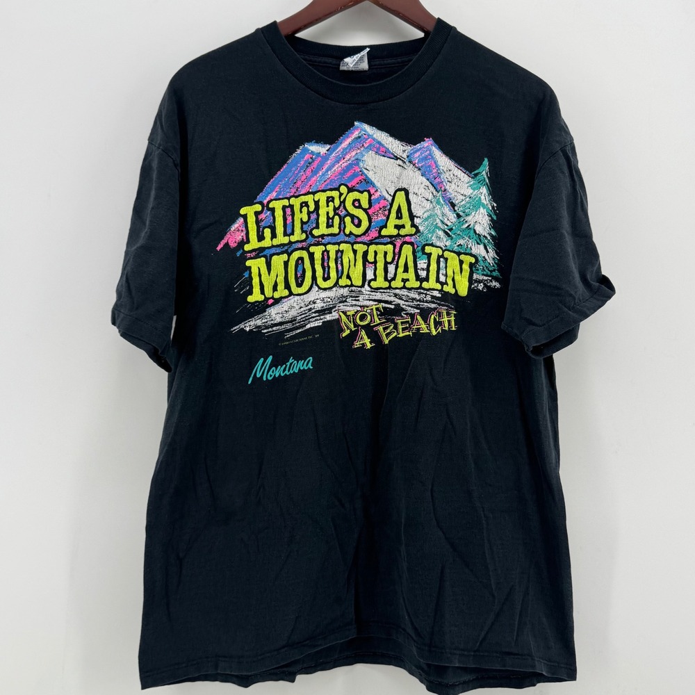 Vintage 1989 Cal Cru Montana Lifes A Mountain Not A Beach T-Shirt Black XL 80s